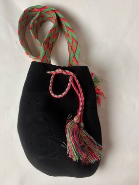 Bag Wayuu Mochila Bucket Boho Colombia Multi Color Strap Tassel Tie Black